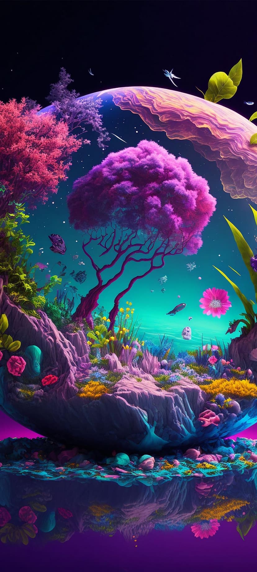 Purple bioluminescent tree and glowing pink flora stand on an alien planet with floating islands and magenta water.