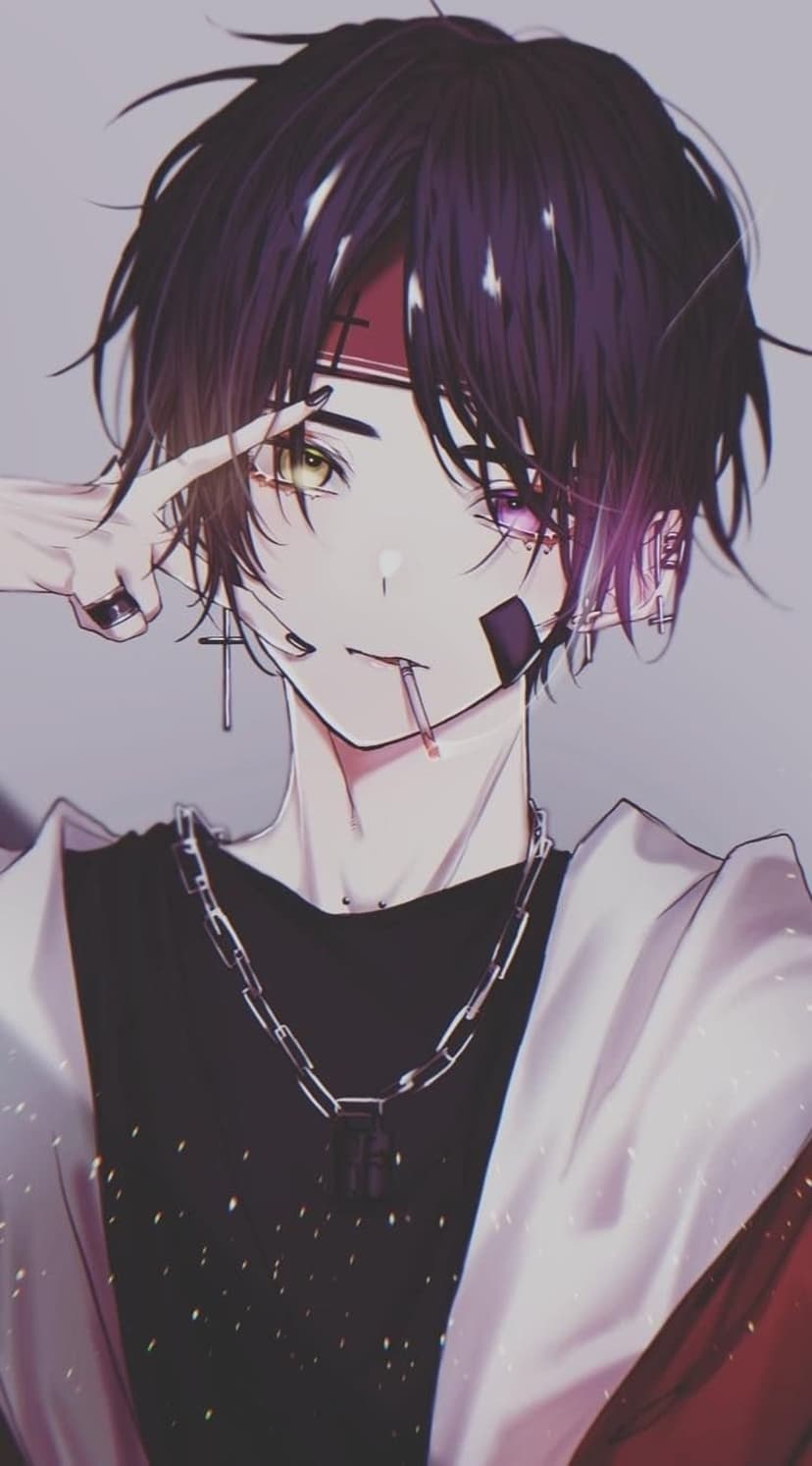 Anime boy with heterochromatic eyes, a red bandana, and facial piercings smokes a cigarette in this mobile view.