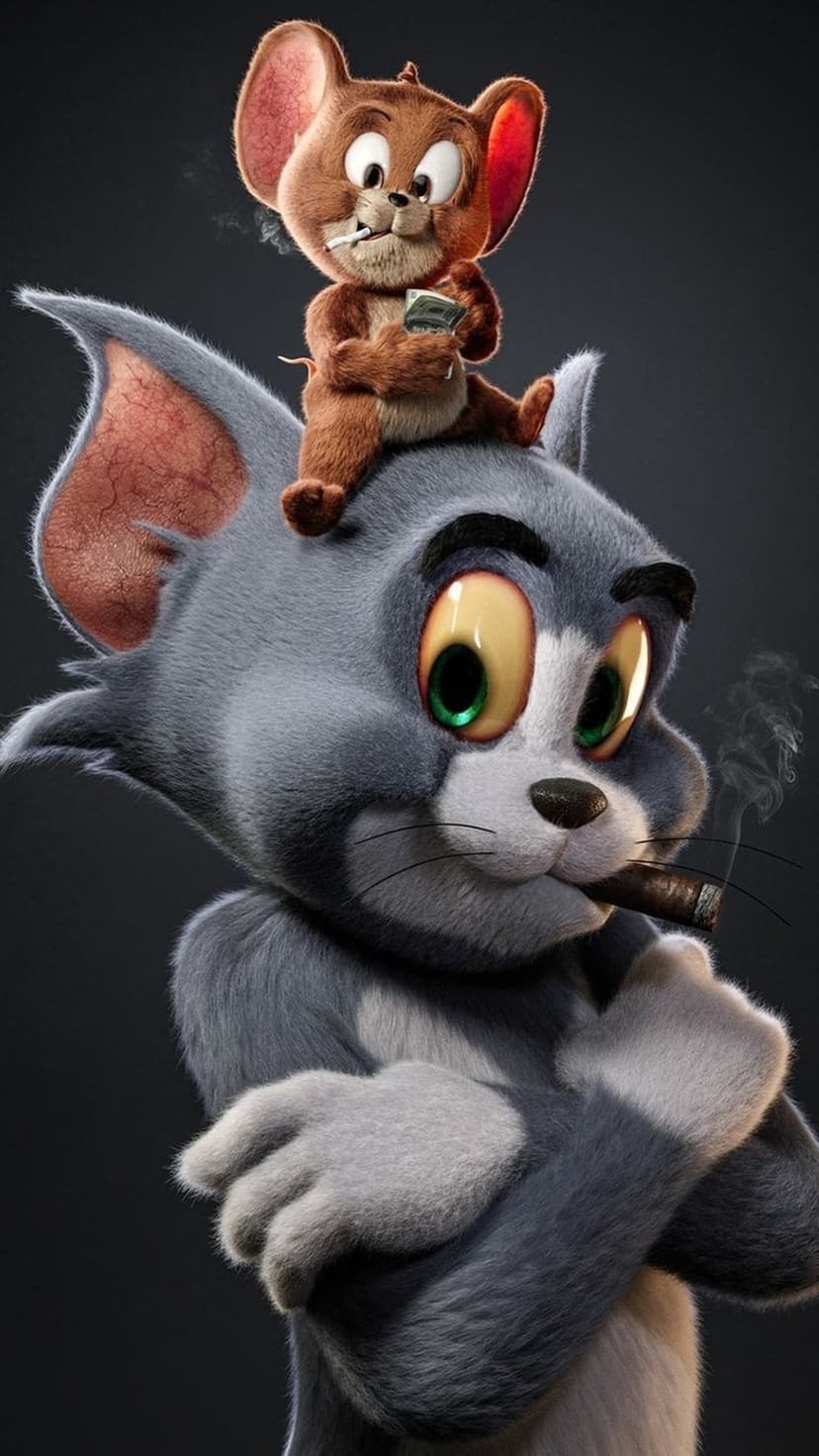 Jerry the mouse sits on Tom the cat's head with realistic fur textures and subtle smoke in this 3D character art.