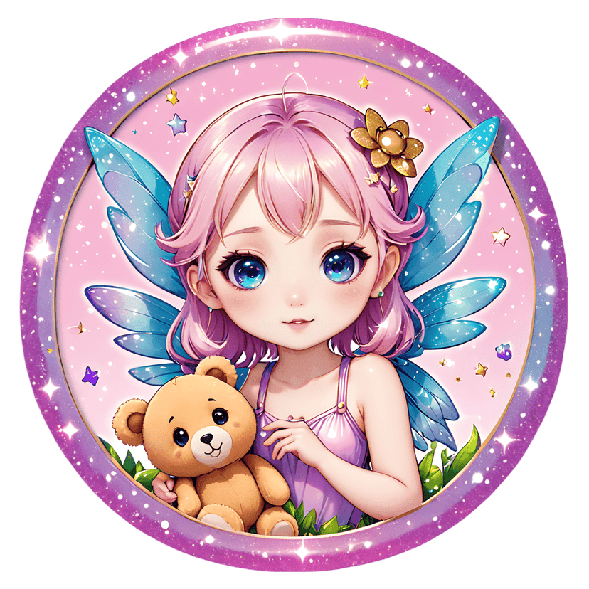 Chibi fairy sticker with pink hair holding a brown teddy bear inside a circular starry purple frame.
