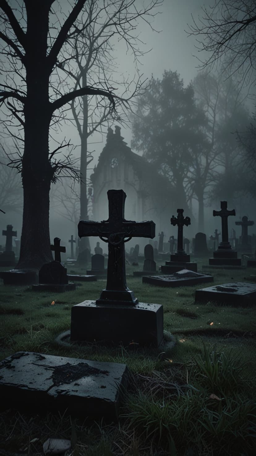 Weathered stone crosses and a gothic church silhouette stand in thick evening mist under a dark, moody sky.
