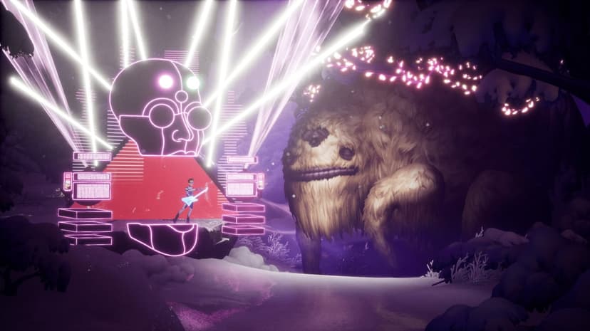 Neon guitarist inside a pink geometric head performing beside a massive multi-eyed furry creature in a forest.