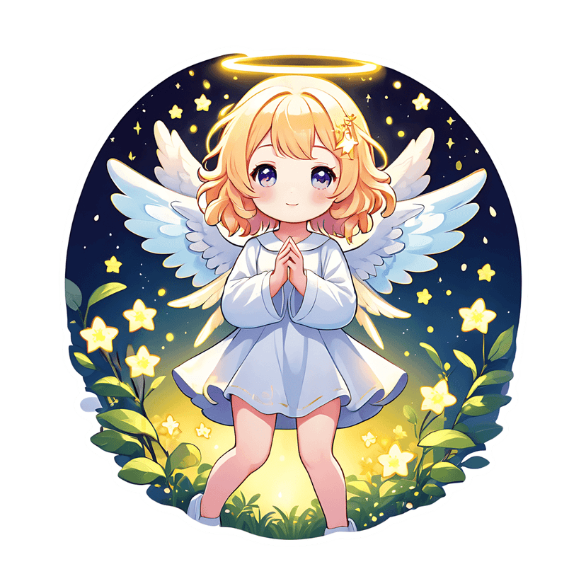 Chibi angel fairy sticker features blonde hair, praying hands, and white wings under a starry night sky.