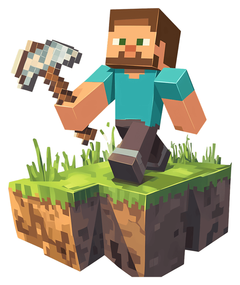 Voxel miner character holding a gray pickaxe stands in a front-facing pose with blue and teal clothing.