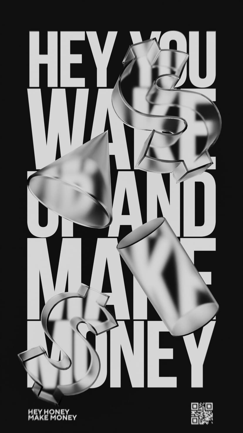 Metallic dollar signs float between bold black and white motivational typography and geometric abstract shapes.
