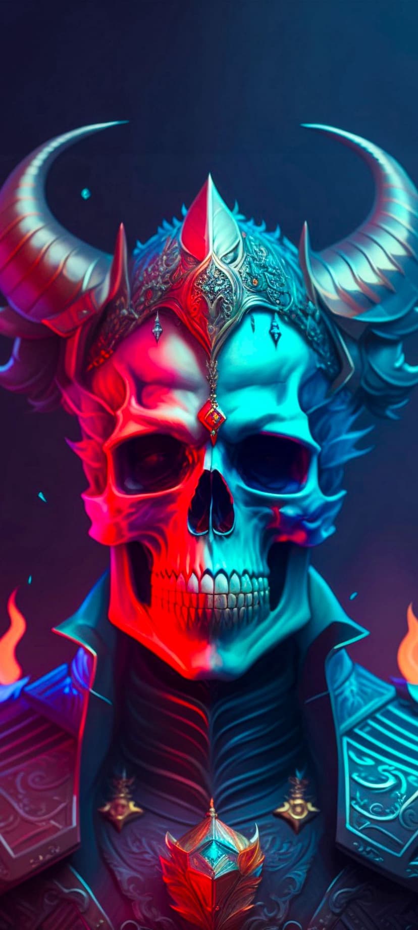 Demonic skull with curved horns wearing ornate armor, split into glowing crimson and vibrant cyan color halves.