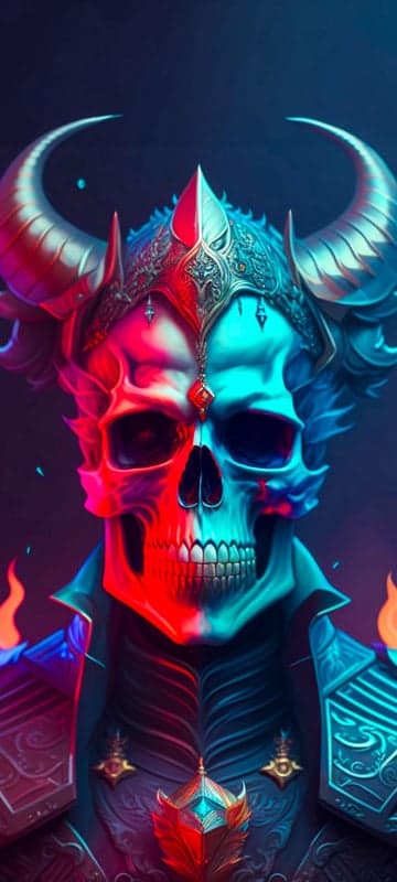 Demonic Skull with Crimson and Cyan Halves