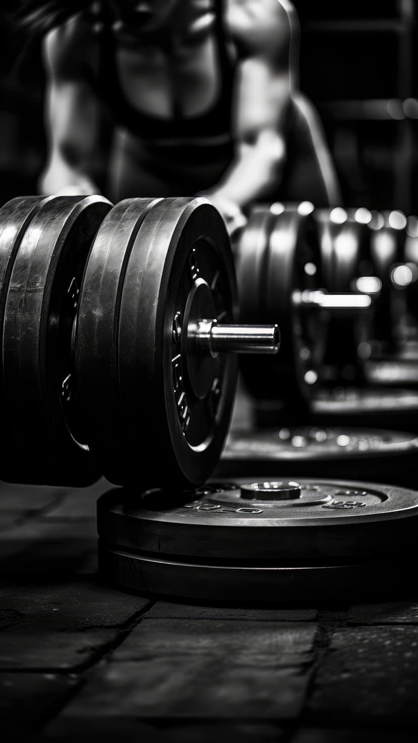 Stacked iron weight plates on a barbell in a monochrome gym with a blurred athlete training in the background.