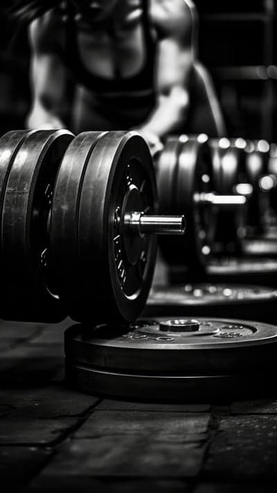 Black and White Image of Weight Plates and Gym