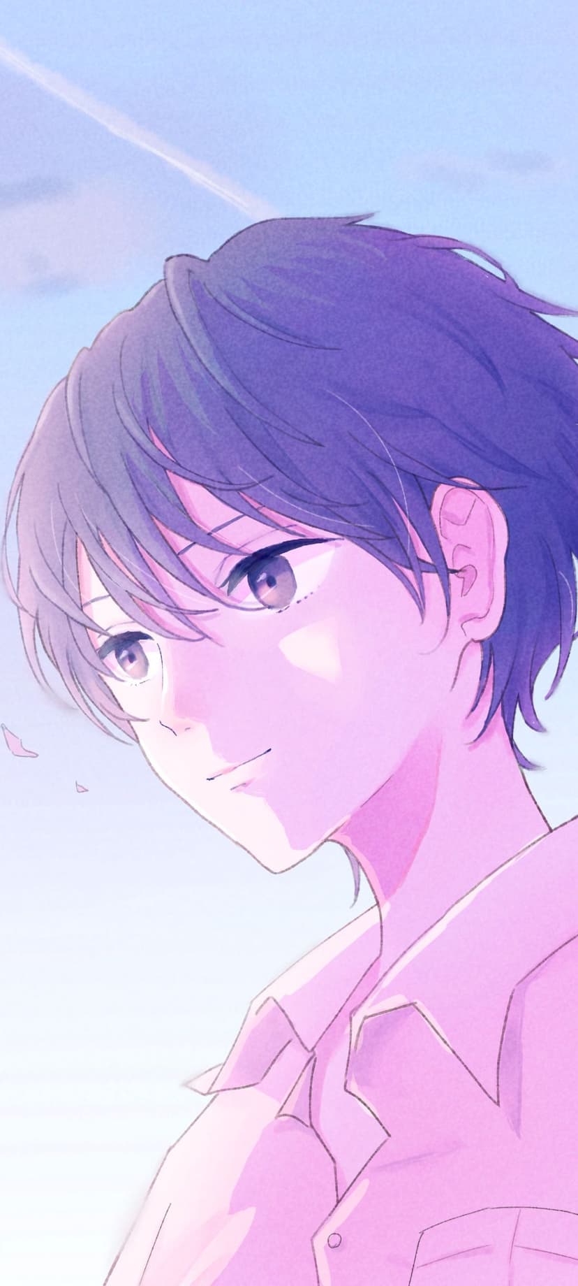 Purple-haired boy with amethyst eyes smiles as pink petals drift against a soft twilight sky and clouds.