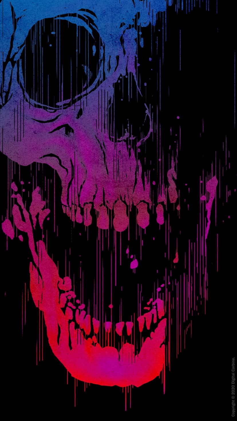 Abstract skull with pink and blue neon gradients melting into splattered droplets on a dark background.