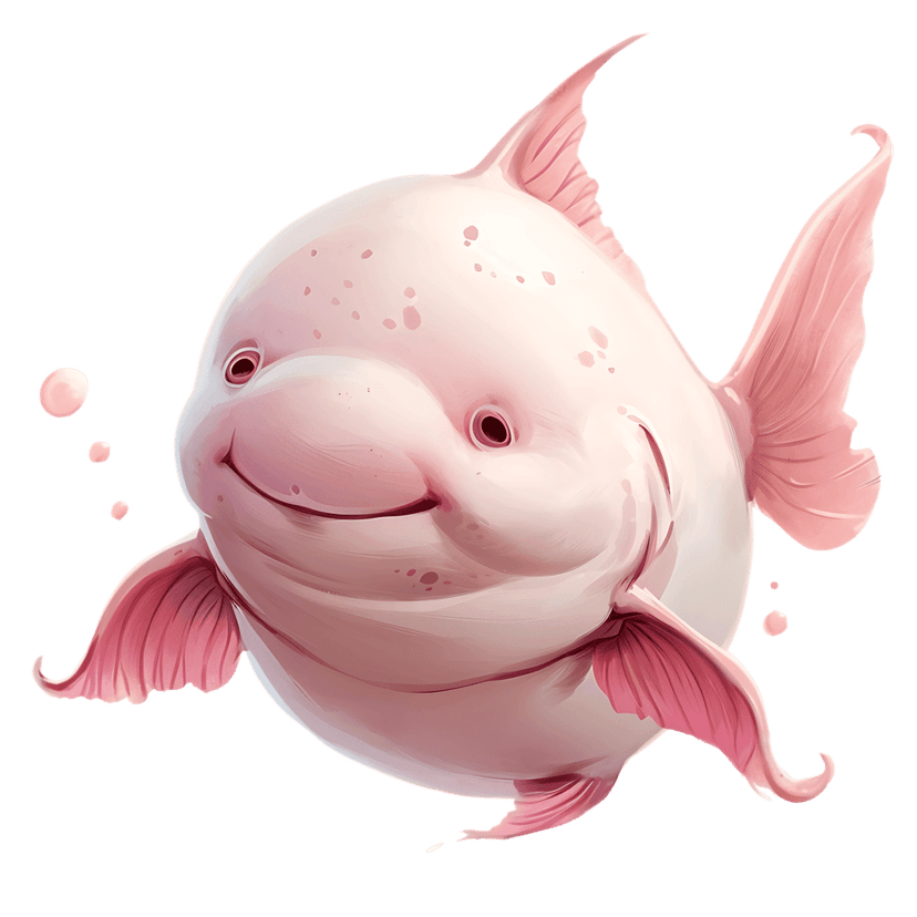 Pink blobfish illustration featuring a round body with large eyes and floating bubbles on a clear background.