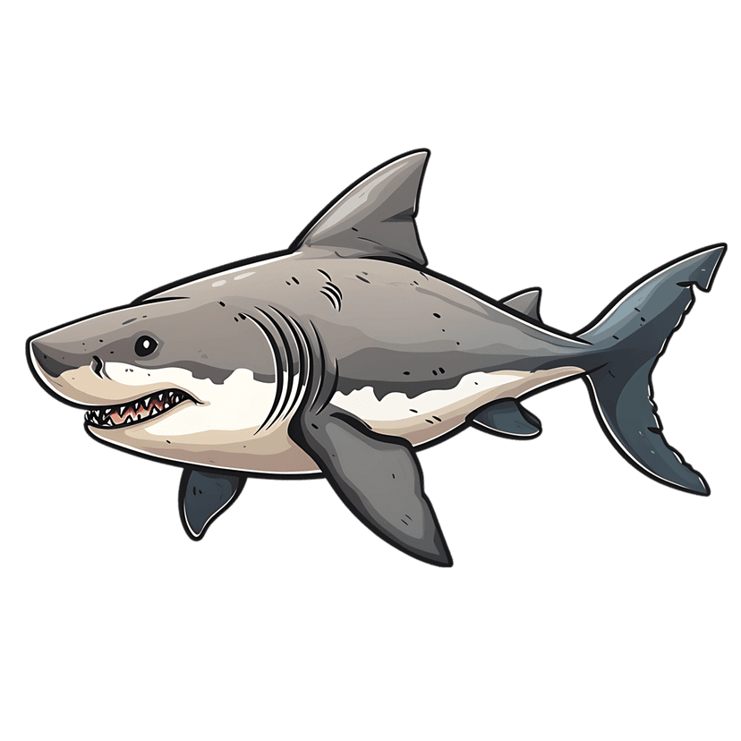 Great white shark cartoon illustration in side profile featuring a grinning mouth with sharp teeth and gray fins.