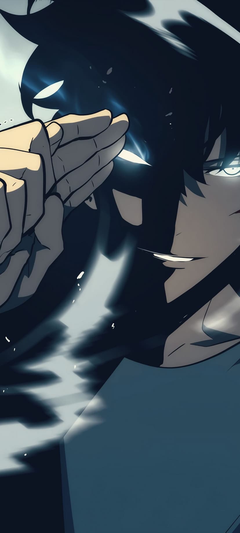 Sung Jinwoo with glowing blue eyes and raised hands surrounded by swirling dark shadows and energy particles.