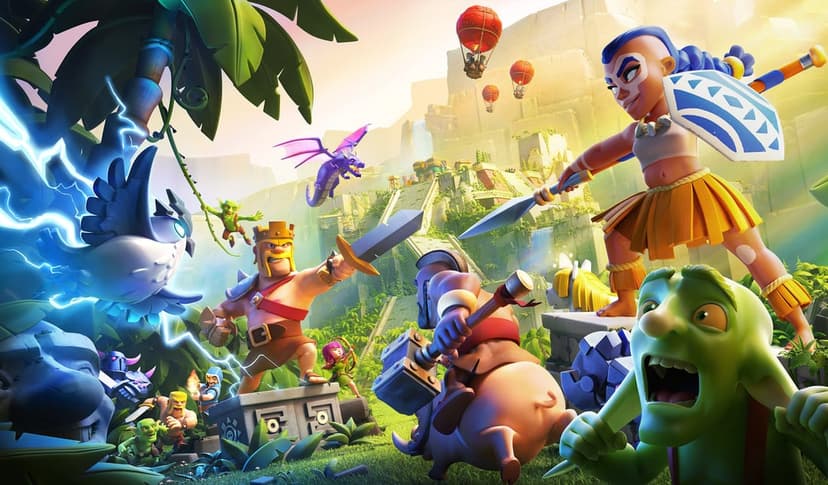 Heroes battle in a lush jungle temple setting with a glowing blue owl, a dragon, and hot air balloons.