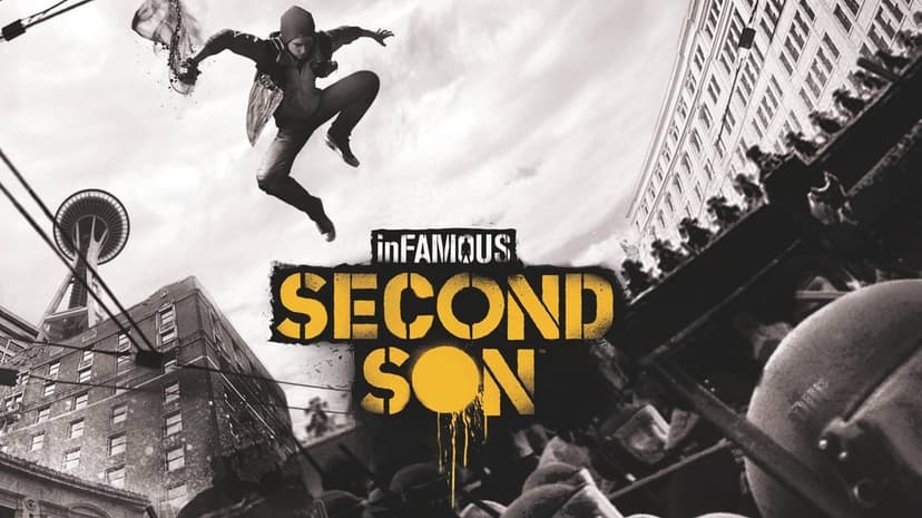 Delsin Rowe jumps mid-air above a black and white Seattle skyline with a bold yellow InFAMOUS Second Son logo.