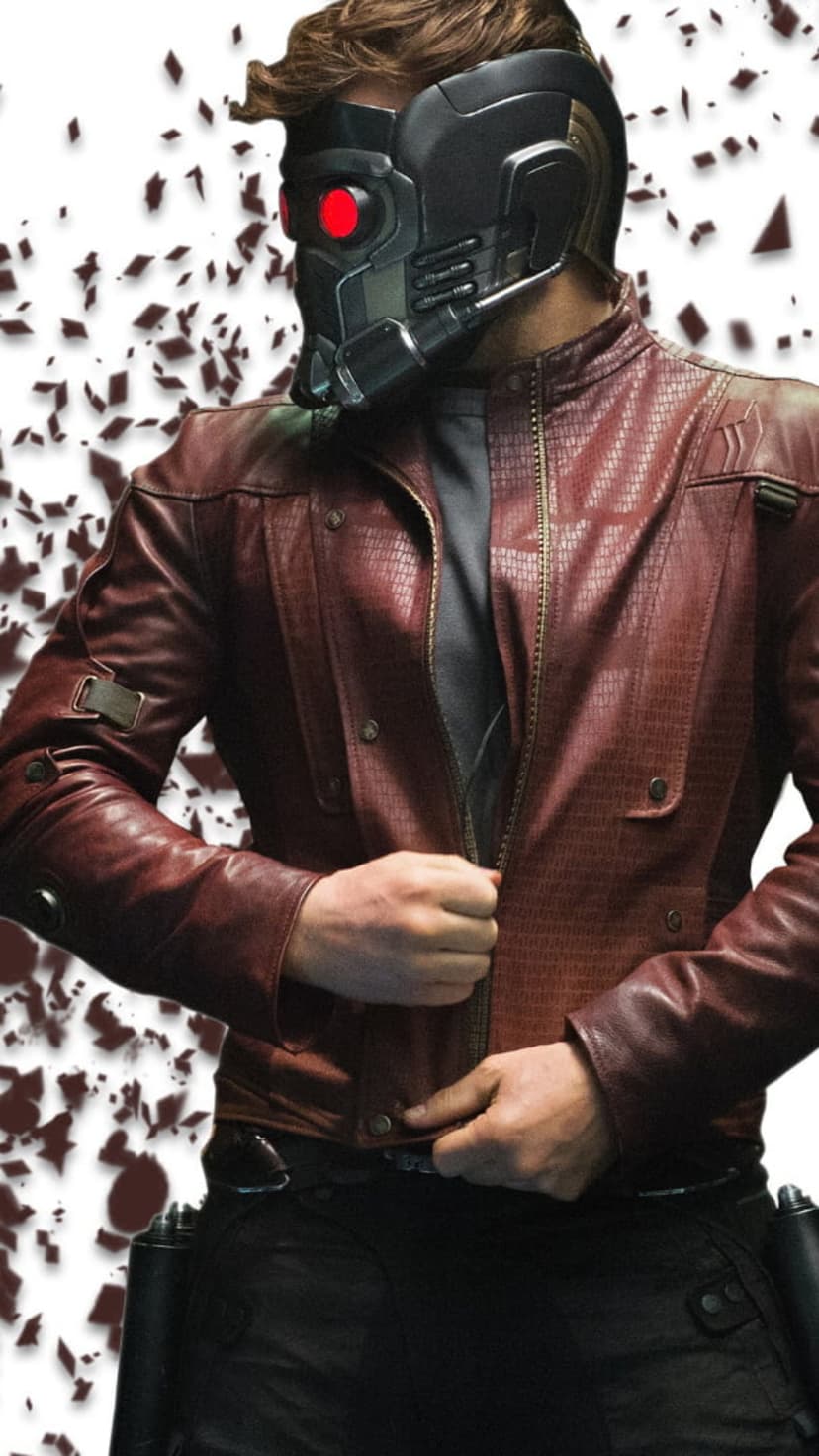 Star-Lord wearing a red leather jacket and metallic mask with glowing red eyes against a fragmented background.