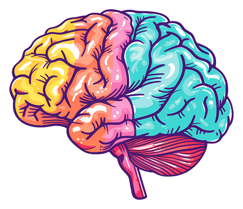 Multicolored anatomical brain illustration featuring color-coded lobes in a side profile view with flat matte textures.