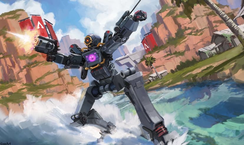 Pathfinder from Apex Legends surfing on water while firing a pistol against a rocky canyon background.