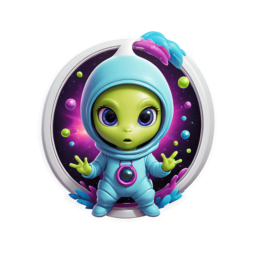Green alien sticker wearing a blue astronaut suit inside a white circular frame against a starry galaxy.