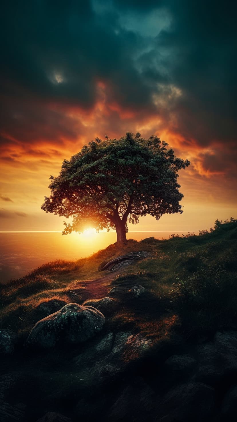Solitary tree on a jagged cliff overlooks a fiery orange sunset with dramatic clouds and golden sunbeams.