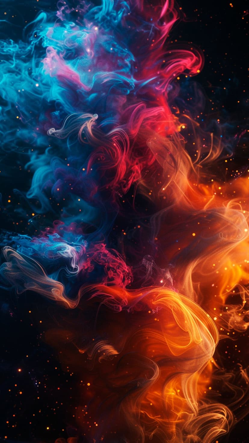 Swirling nebula clouds in blue, red, and orange tones with scattered golden sparks against a dark space void.