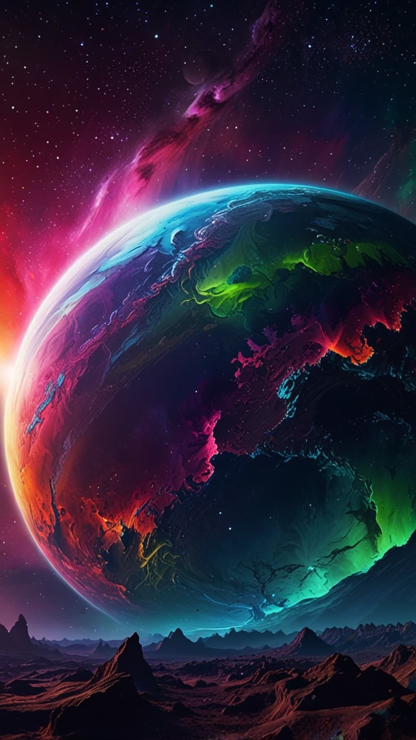Massive glowing planet hovering over jagged dark mountains beneath a swirl of colorful nebulae and bright stars.