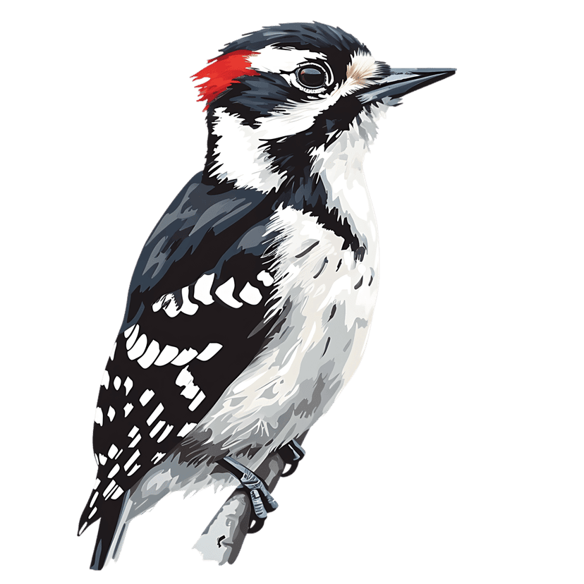 Downy Woodpecker with black white feathers and red head patch perched on a thin branch against a dark backdrop.