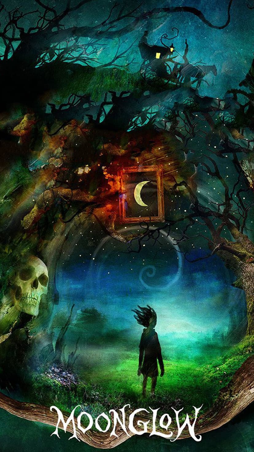 A silhouetted child stands before a glowing crescent moon portal amidst twisted trees and a large carved skull.