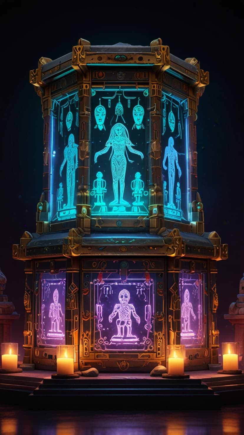 Ancient glowing artifact with etched humanoid figures surrounded by gold filigree and small flickering candles.