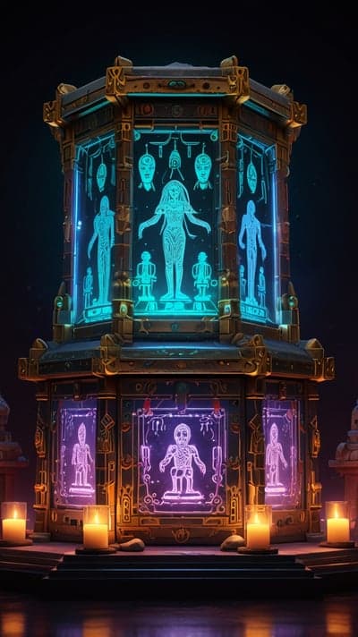Mysterious Glowing Artifact with Ancient Figures