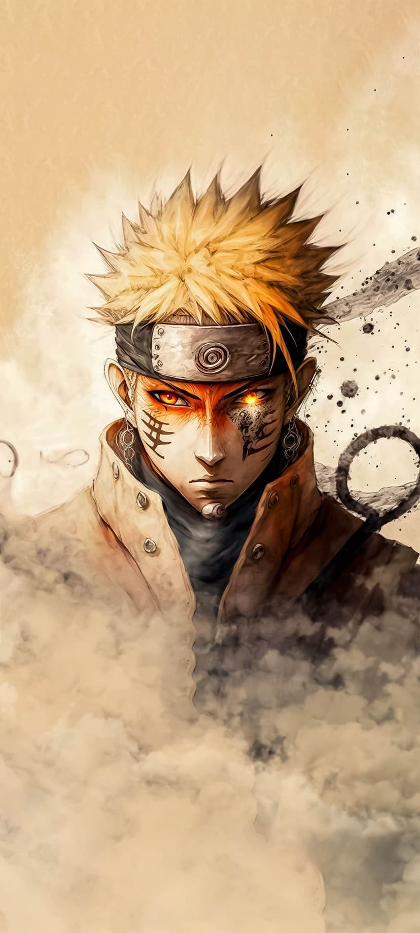 Naruto Uzumaki with spiky blonde hair, glowing orange eyes, and facial whisker marks amidst swirling grey smoke.