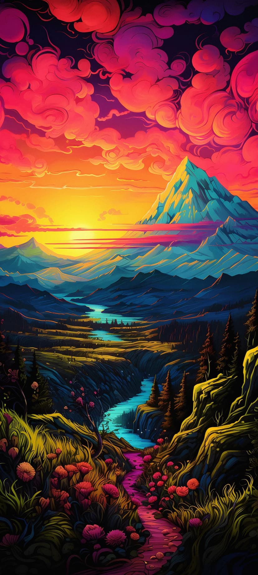 Snow-capped mountains stand above a winding turquoise river and purple wildflowers under a pink sunset sky.