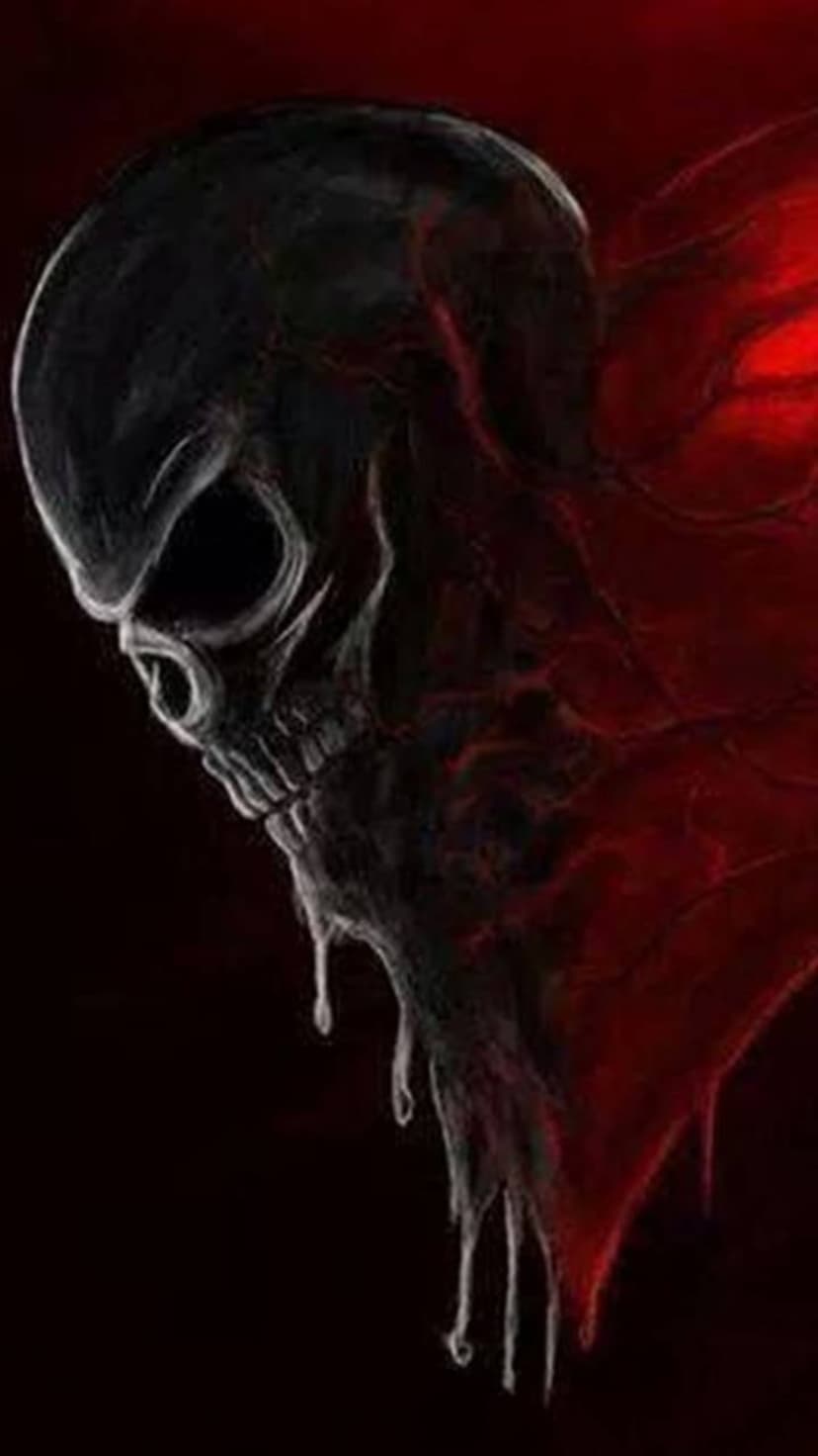 Human skull melting into thick red and black liquid against a hazy, infernal background of smoke and embers.