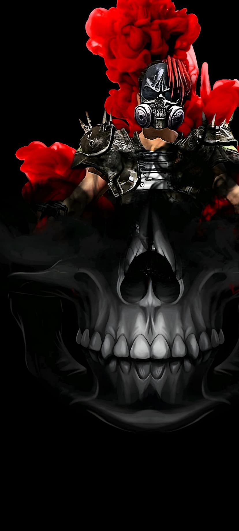 Skeletal skull wearing a black gas mask surrounded by swirling plumes of crimson smoke against a dark background.