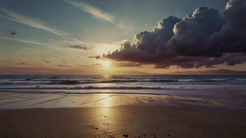 Glowing orange sunset reflects on wet beach sand as gentle ocean waves lap against the shore under soft clouds.