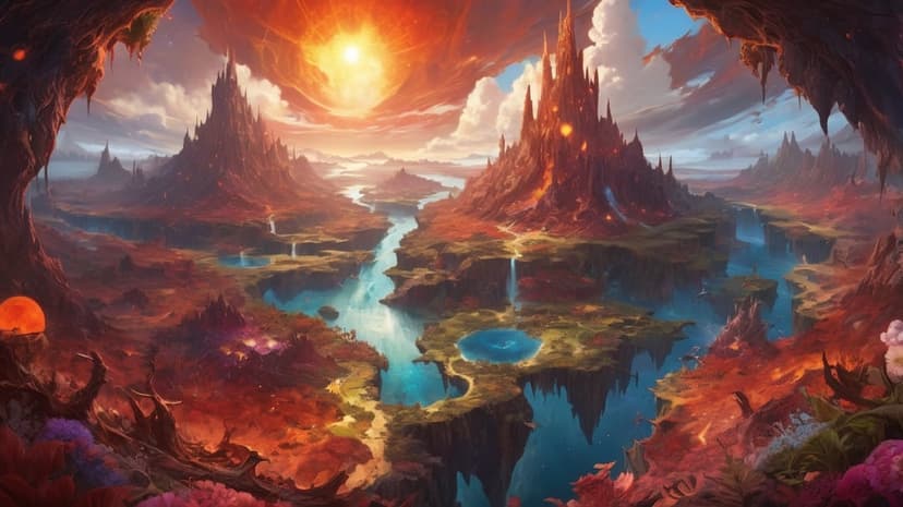 Volcanic mountains with glowing castles overlook a bright blue river under a massive, intense fiery sun.