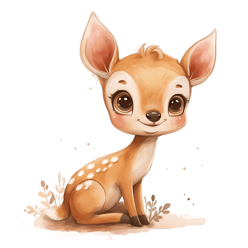 Fawn watercolor illustration featuring white spots and brown eyes sitting on green foliage with clean edges.