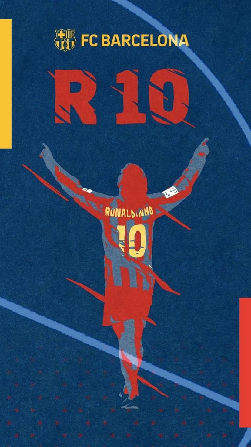 Ronaldinho Gaúcho raises his arms in a Barcelona number 10 jersey with abstract red and blue textured streaks.