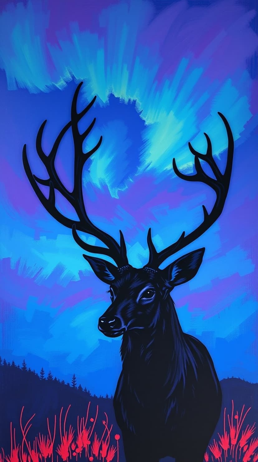 Black deer silhouette with large antlers stands under a swirling blue and purple aurora borealis with red flowers.