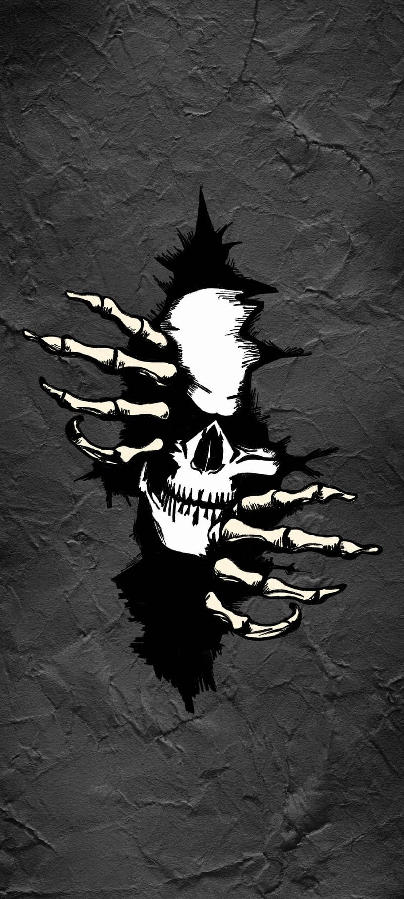 White skull with sharp teeth and bony hands tearing through a jagged hole in a dark textured stone wall.