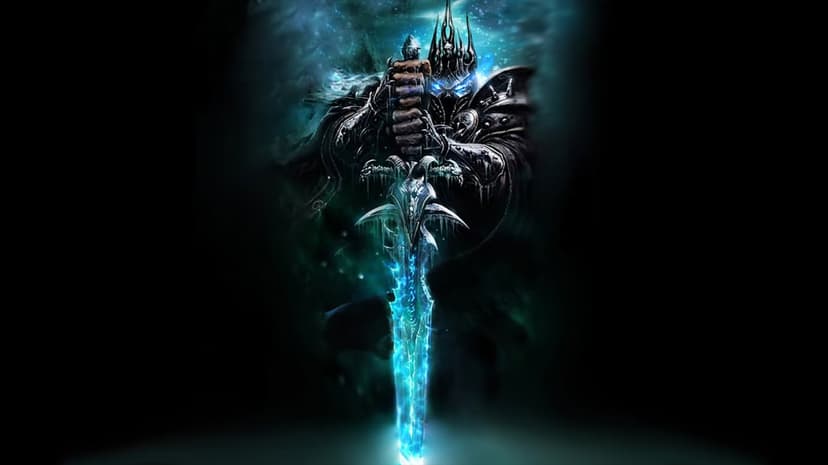 Lich King Arthas holding glowing blue Frostmourne runeblade with ethereal mist in dark landscape background.
