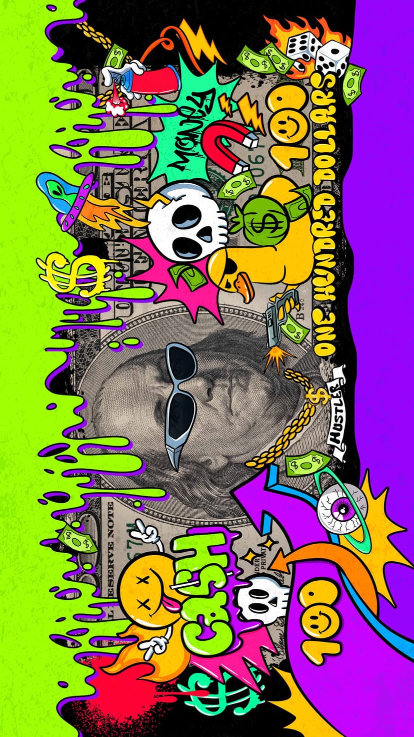 Skulls and a sunglasses-wearing figure surround glowing dollar bills in this neon street art composition.