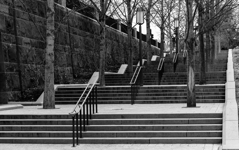 Multi-level stone staircase with metal railings ascends past bare winter trees and a textured stone wall.