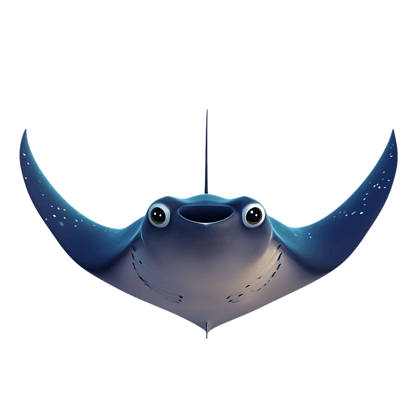 Cartoon stingray 3d character featuring blue and purple gradient skin, large yellow eyes, and an open mouth.