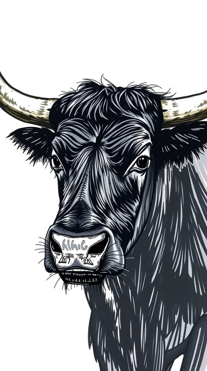 Bull's face with curved horns, thick dark mane, and an intense gaze rendered in high-contrast black and white.
