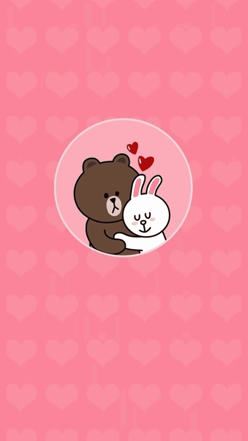 Brown the bear and Cony the rabbit hug inside a circle surrounded by floating hearts on a pink background.