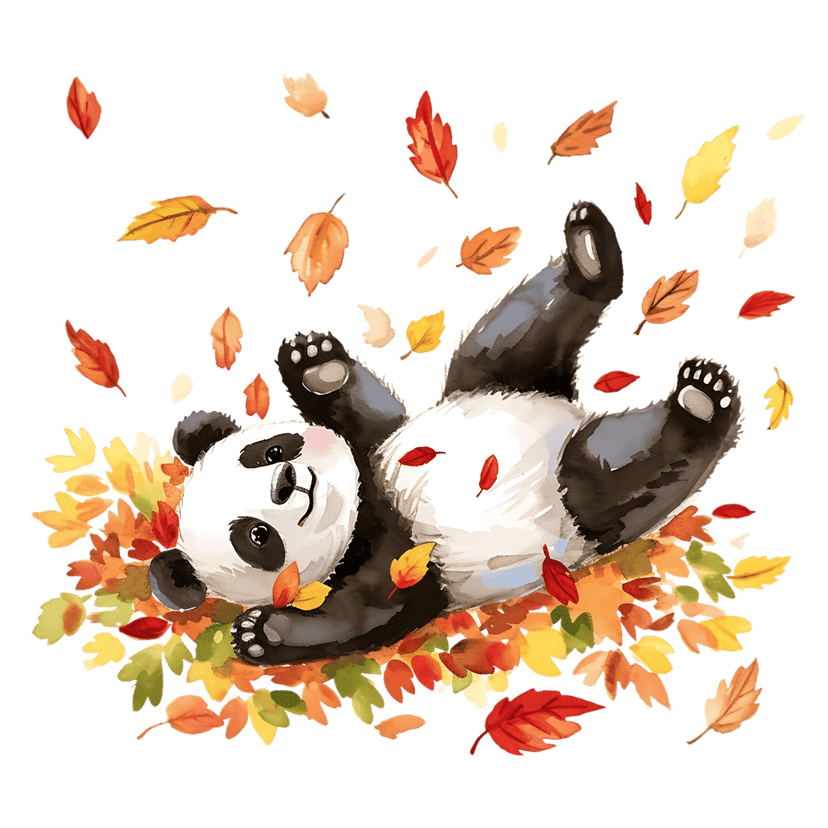 Watercolor panda bear playing amidst scattered red and orange autumn leaves on a clean transparent background.