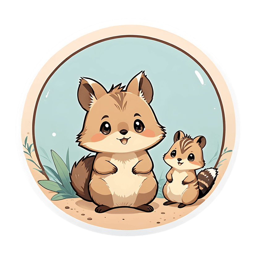 Beige chipmunk sticker illustration features an adult and baby animal in a round frame with green foliage.