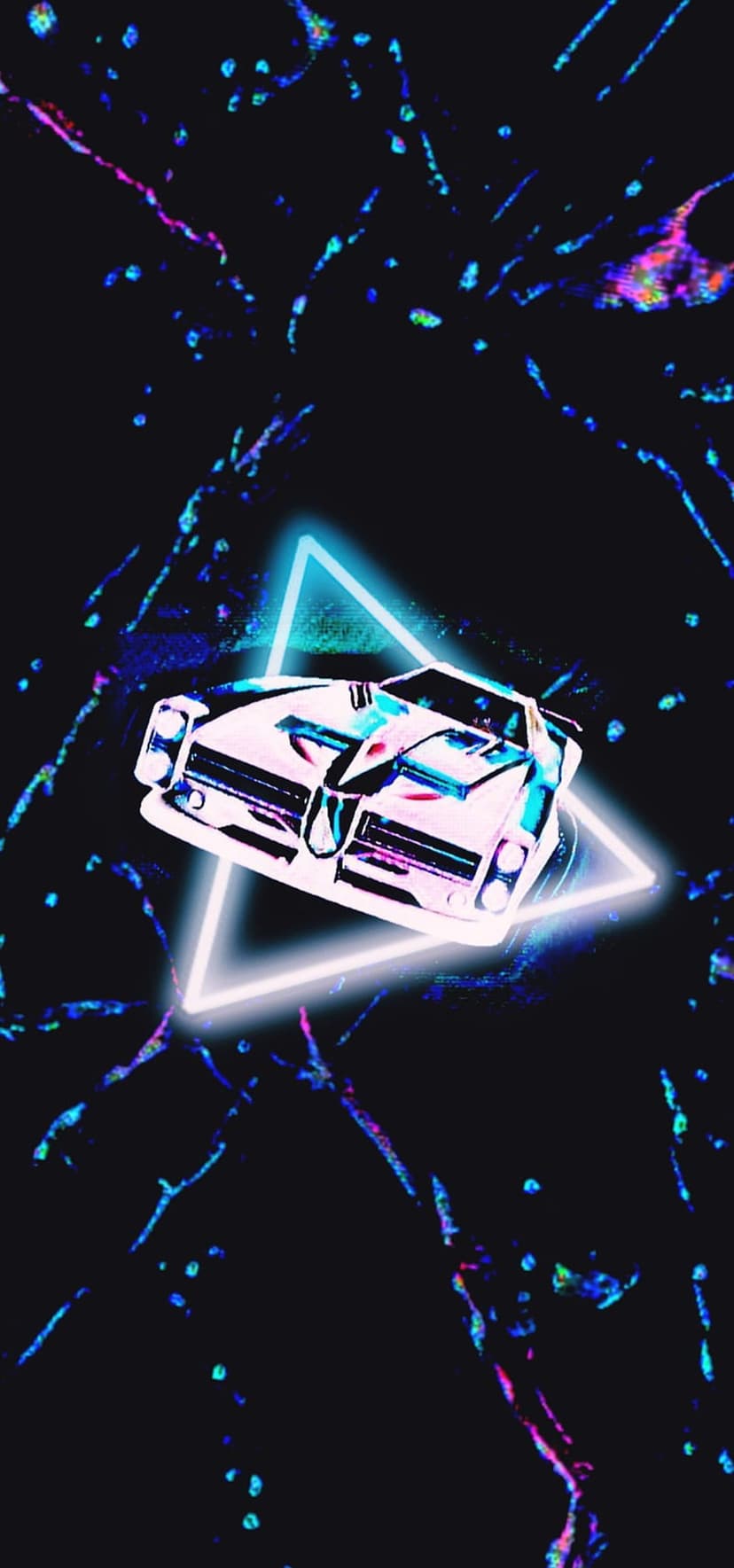 White sports car inside a glowing neon blue triangle against a cosmic background with pink and purple light streaks.